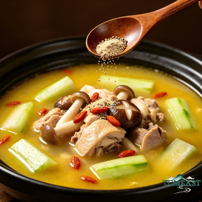 Stir-Fried Loofah, Mushroom and Chicken Soup