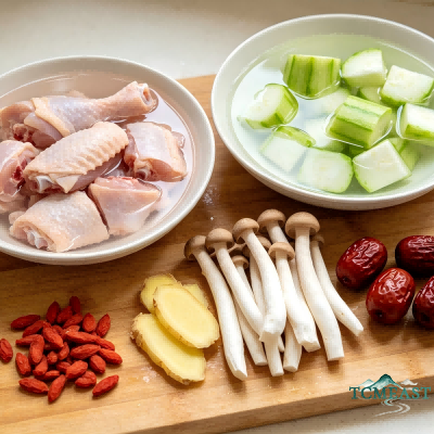 Stir-Fried Loofah, Mushroom and Chicken Soup