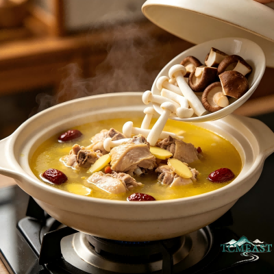Stir-Fried Loofah, Mushroom and Chicken Soup