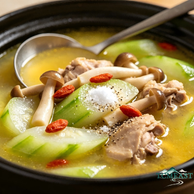 Stir-Fried Loofah, Mushroom and Chicken Soup