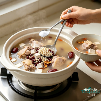 Stir-Fried Coix Seed, Small Red Bean, Poria Cocos and Chicken Soup