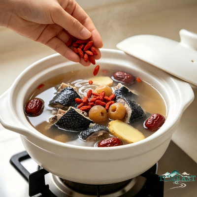 Black-Boned Chicken Soup with Red Dates, Longan and Goji Berries