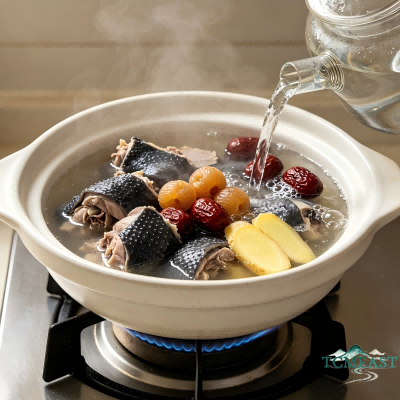 Black-Boned Chicken Soup with Red Dates, Longan and Goji Berries