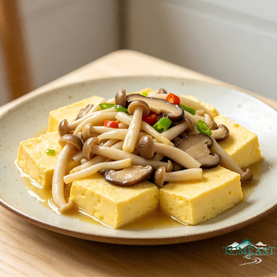 Steamed Egg with Sautéed Tender Mushrooms