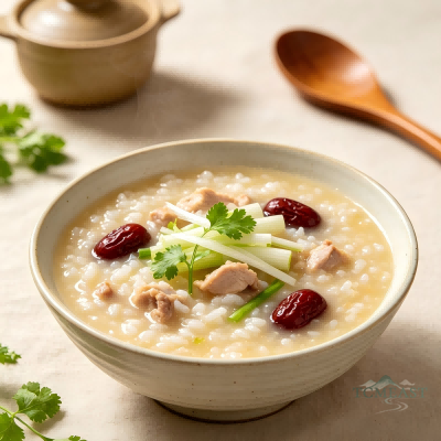 Scallion, Jujube & Chicken Congee (Congbai Dazao Jirou Zhou)