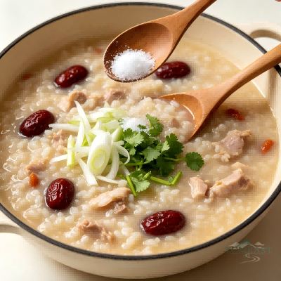 Scallion, Jujube & Chicken Congee (Congbai Dazao Jirou Zhou)