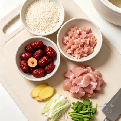 Scallion, Jujube & Chicken Congee (Congbai Dazao Jirou Zhou)